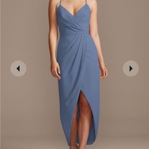 NWT David’s bridal tulip hem bridesmaid dress in steel blue color